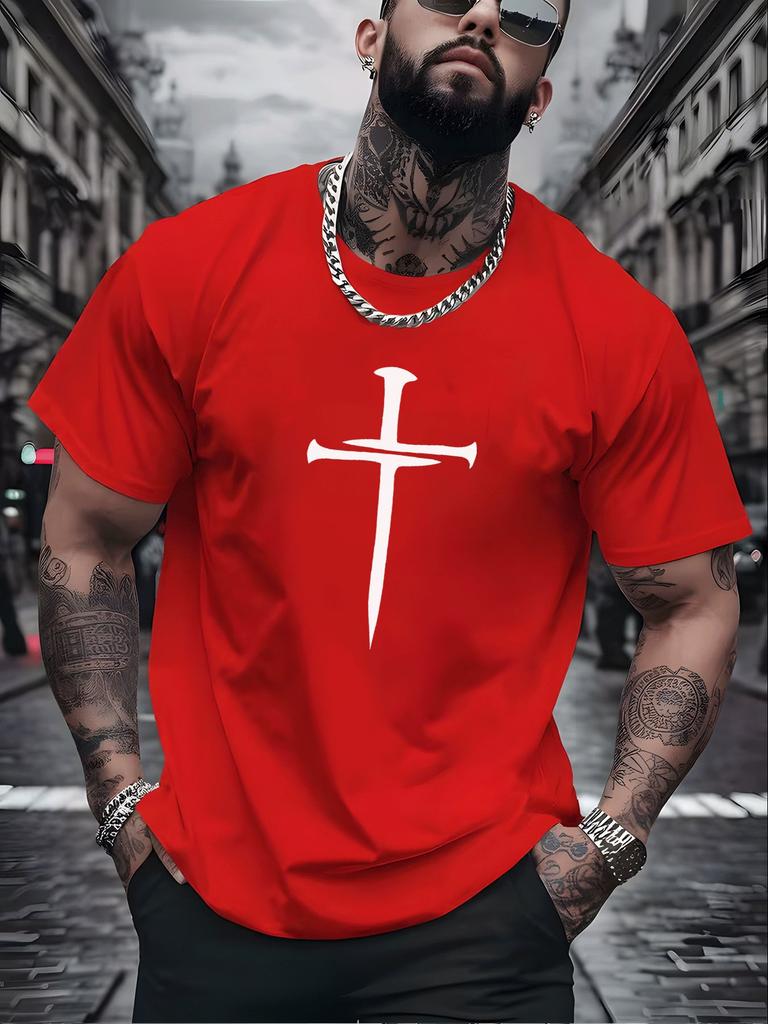 Unisex Summer Cotton T Shirt Nail Cross Graphic Print Short Sleeve Crew Neck Casual Streetwear Loose Fit Fashion Daily Unisexs Tops
