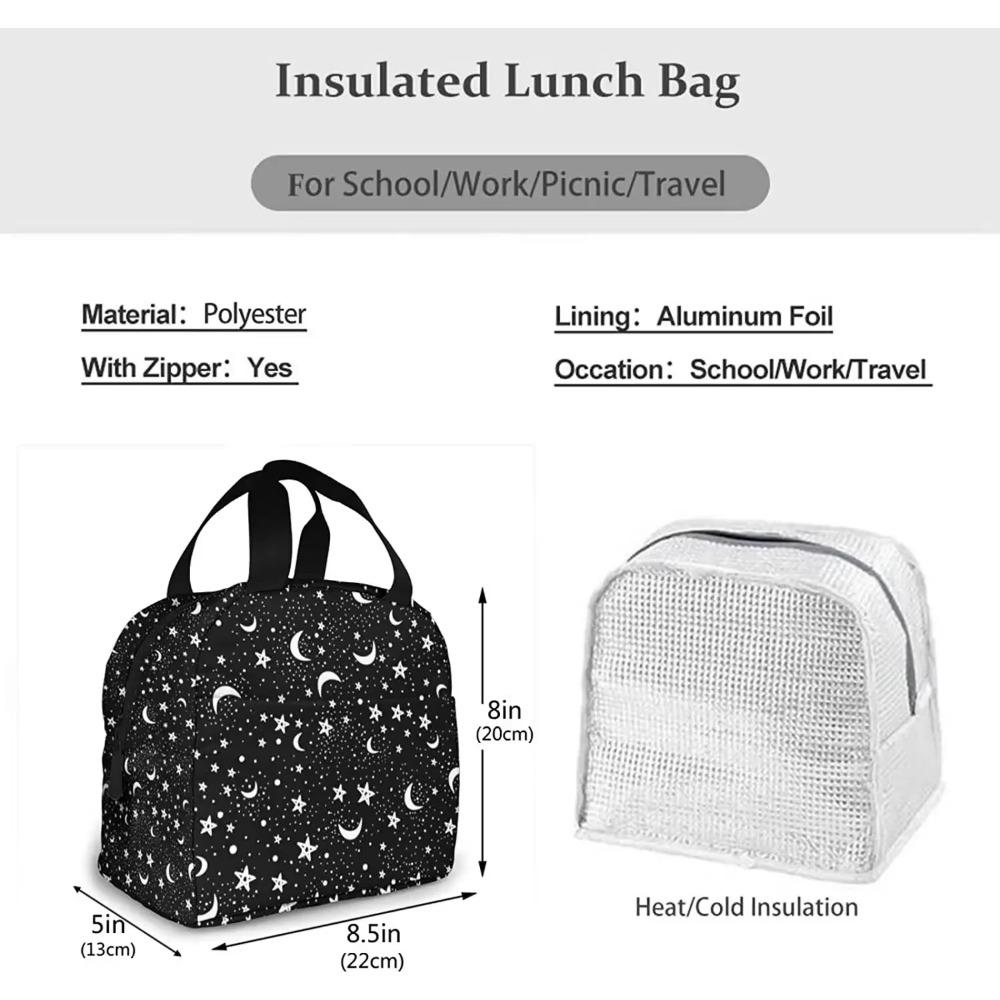 Stars Moon Black Lunch Bag Insulated Tote Cooler for Women Kids Girls, Small Lunch Box Reusable Freezable Aesthetic Bag