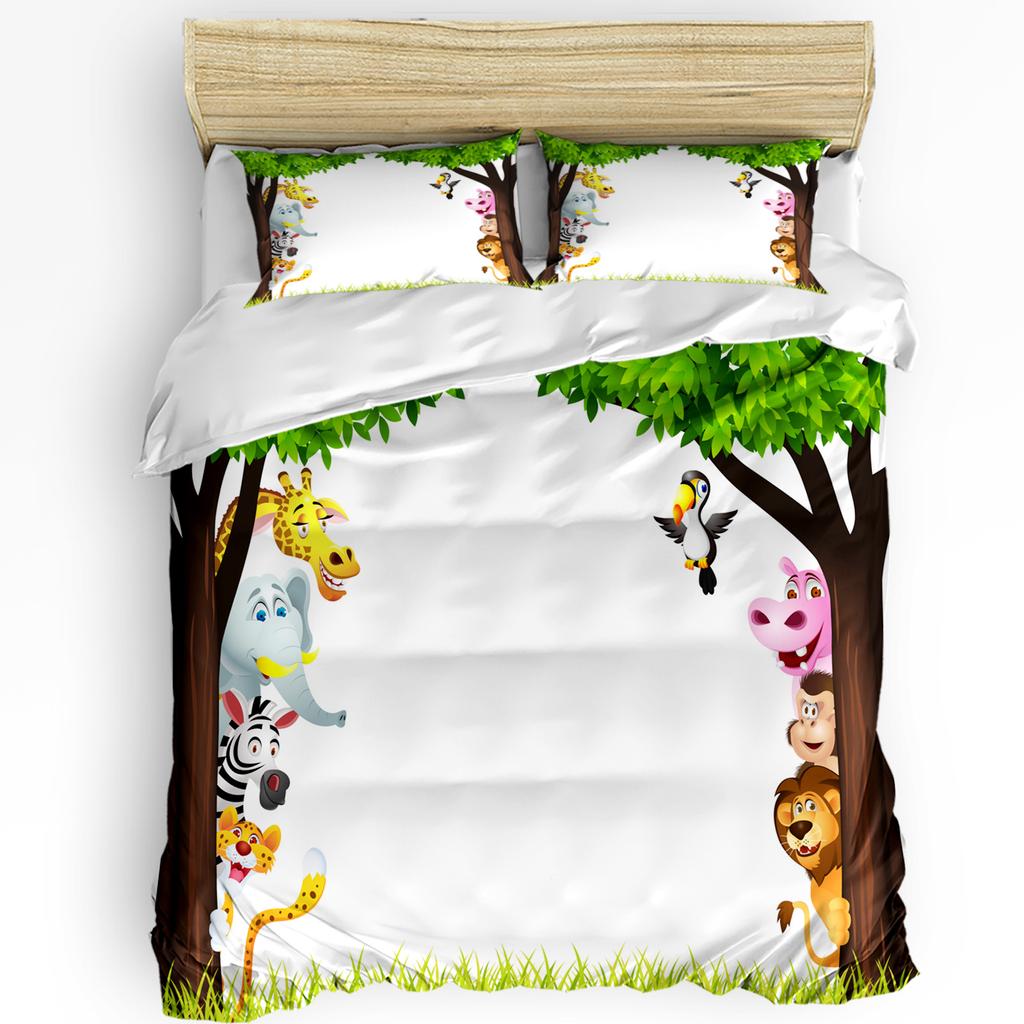 Tropical Jungle Cartoon Animal Giraffe Lion Elephant Duvet Cover Pillow Case Bedding Set Quilt Cover Double Bed Home Textile