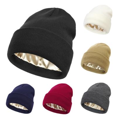 Unisex Knitted Hat with Satin Lining Prevent Hair Breakage Elastic Solid Color Keep Warm Cap No Brim Cold Weather Headwear for Outdoor Work