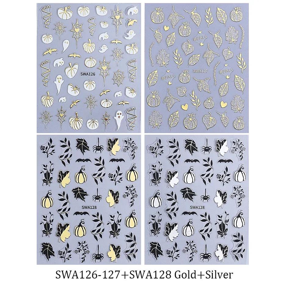 

4 шт. Хэллоуин Наклейки для дизайна ногтей 3D Осенний кленовый лист Паутина Привидение Тыква Самоклеящиеся наклейки для ногтей DIY Маникюр Украшение