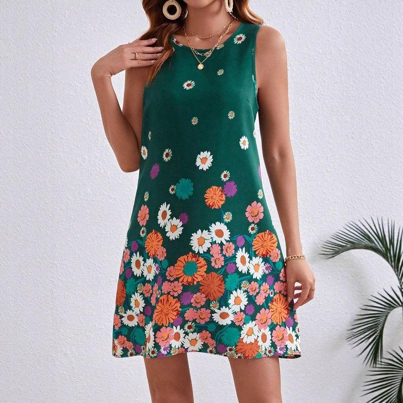 

Fashion Summer Wind Women s Little Daisy Floral Fresh Sleeveless Dress round Neck Vest Short Skirt A- Line Skirt Green L