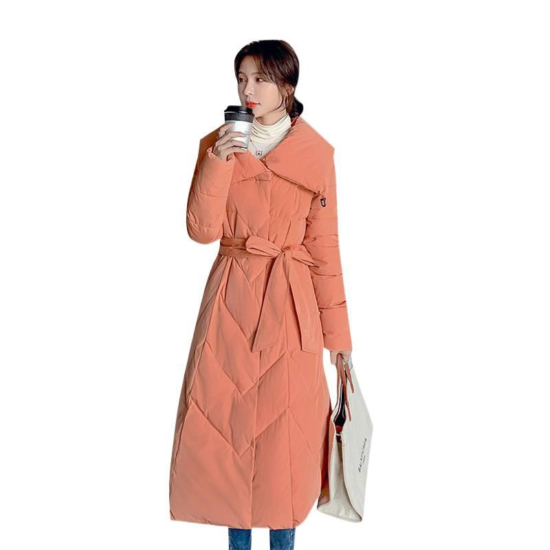 Large lapel cotton-padded clothes female slim and thin over the knee long winter new cotton-padded clothes thickened waist cotton-padded jacket