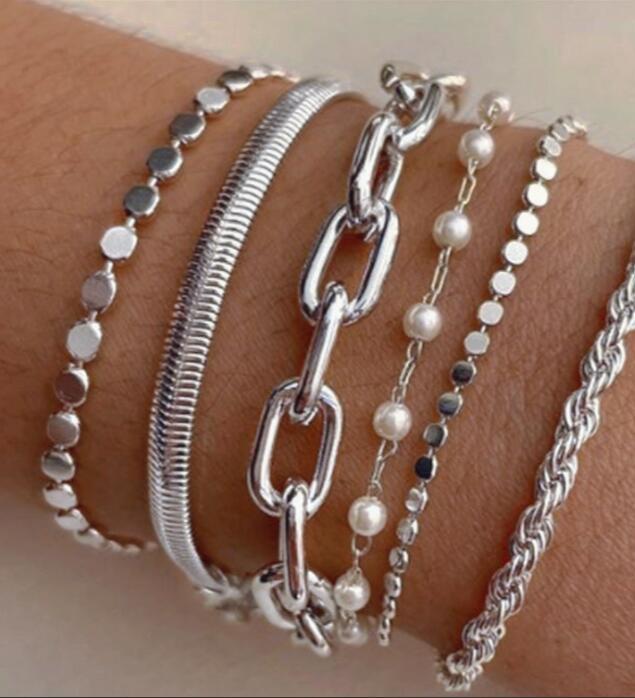 5pcs Simple Punk Silver Color Thick Beads Bracelet Set Vintage Exaggerated Luxury Geometric Design Bangles Vacation Date Jewelry