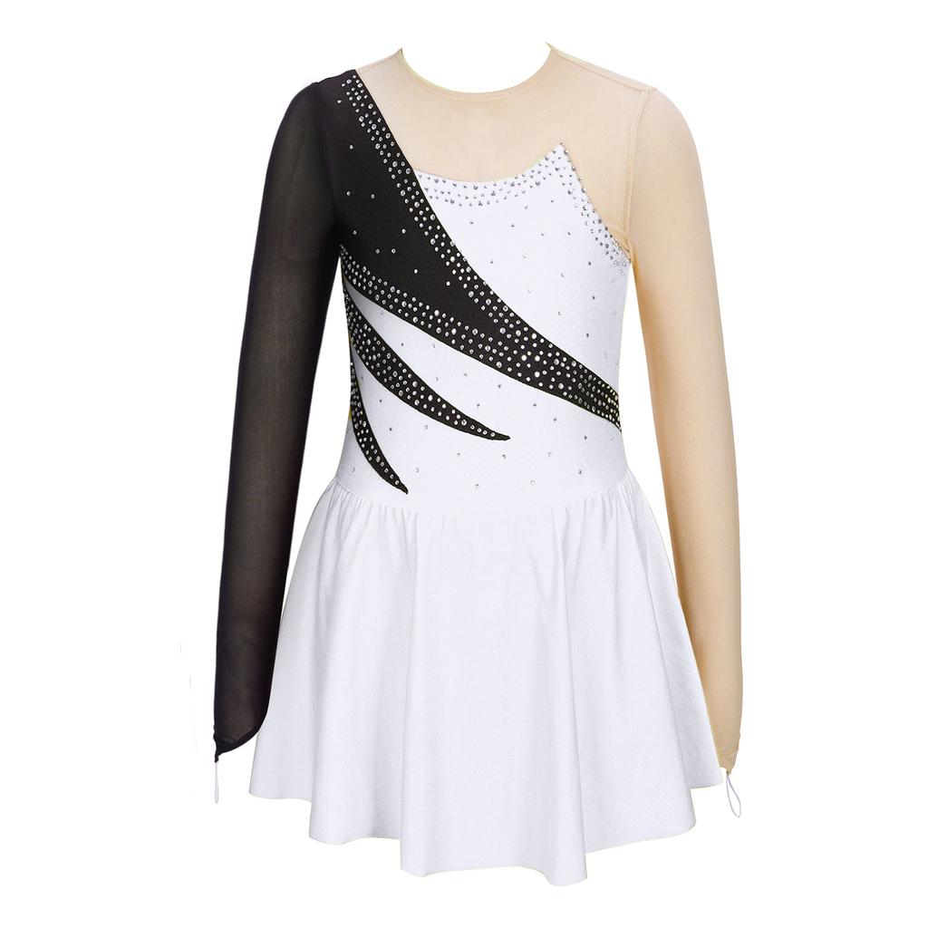 Barn Jenter Langermet kunstløpskjole Shiny Rhinestone Sheer Mesh Tutu Ballett Gymnastikk Danse Leotard-kjole Danseklær