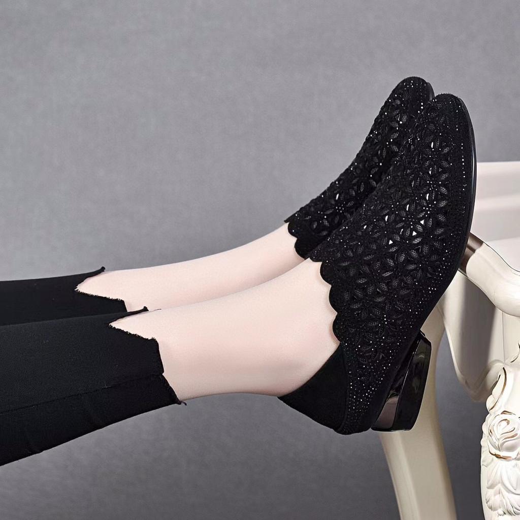 Women's single shoes spring new round head gypsy lace low heel black sheepskin two wear mesh shoes