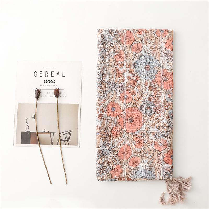 Yitao Soft Pink Floral Scarf - Cotton & Linen Feel with Silver Silk Accents, Fashionable Ladies' Shawl