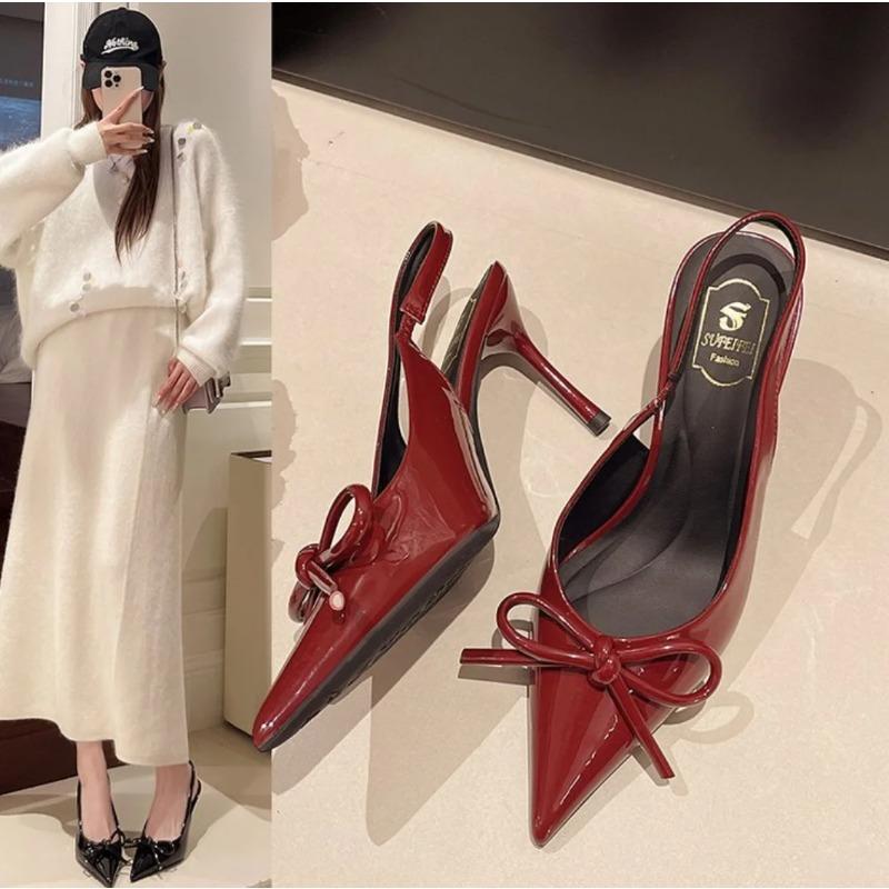 Bow Slingbacks High Heels Sandal For Woman Sexy Pointed Toe Patent Leather High Heels Shoes 2025Summer Elegant Woman Heeled Shoe