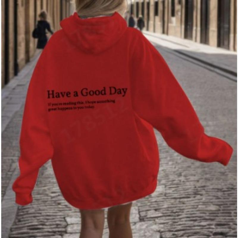 Большой весенний простой свитер с принтом «Хорошего дня» с капюшоном на спине и рукавами — фото 5