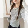 Black and gray striped slanted shoulder off-the-shoulder long-sleeved bottoming  T-shirt for women's early autumn wear with pleated slim-fitting top