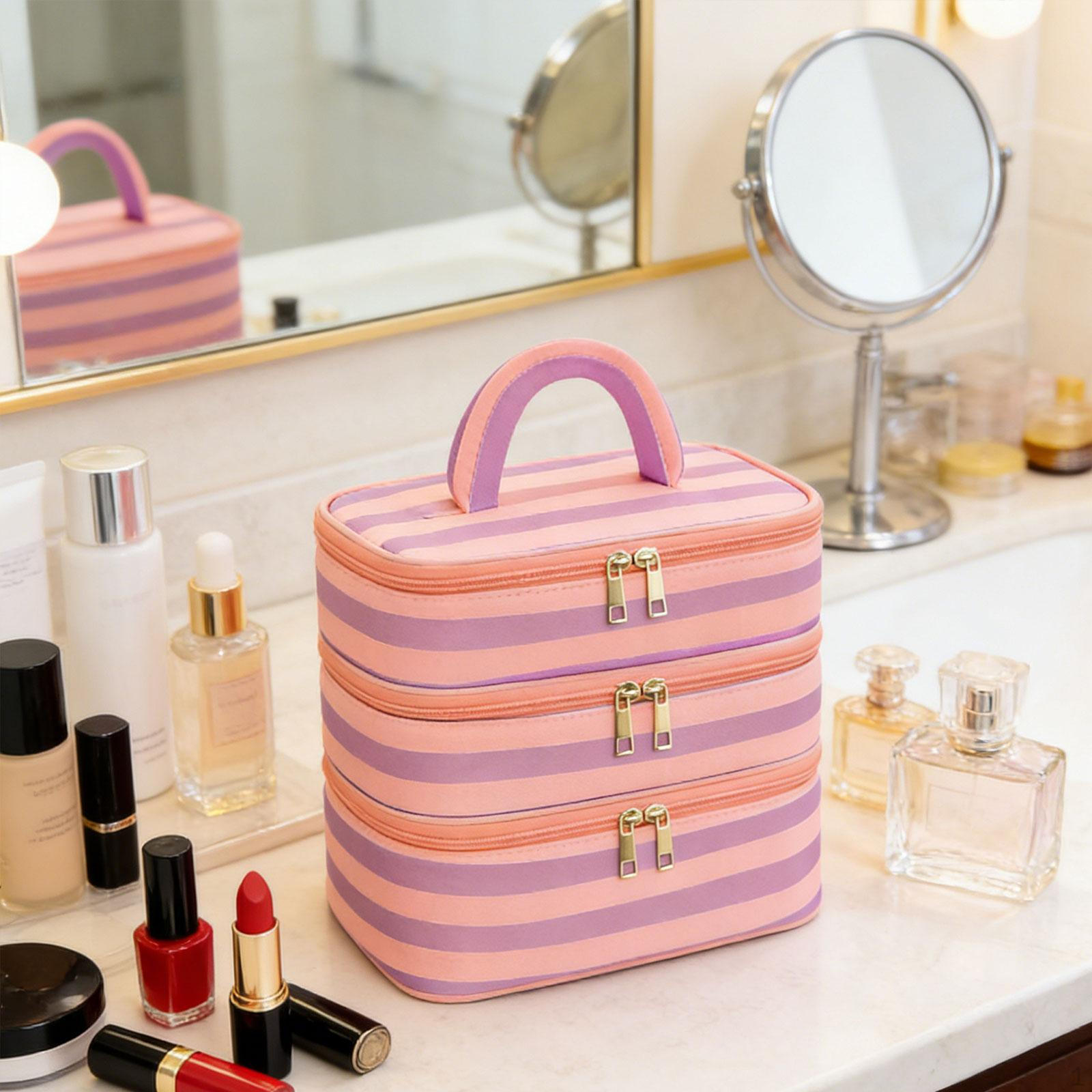 

Beauty Bag Organizer for Women Cosmetic Three Layers Waterproof And Lightweight Polyester Pencil Orange Violet