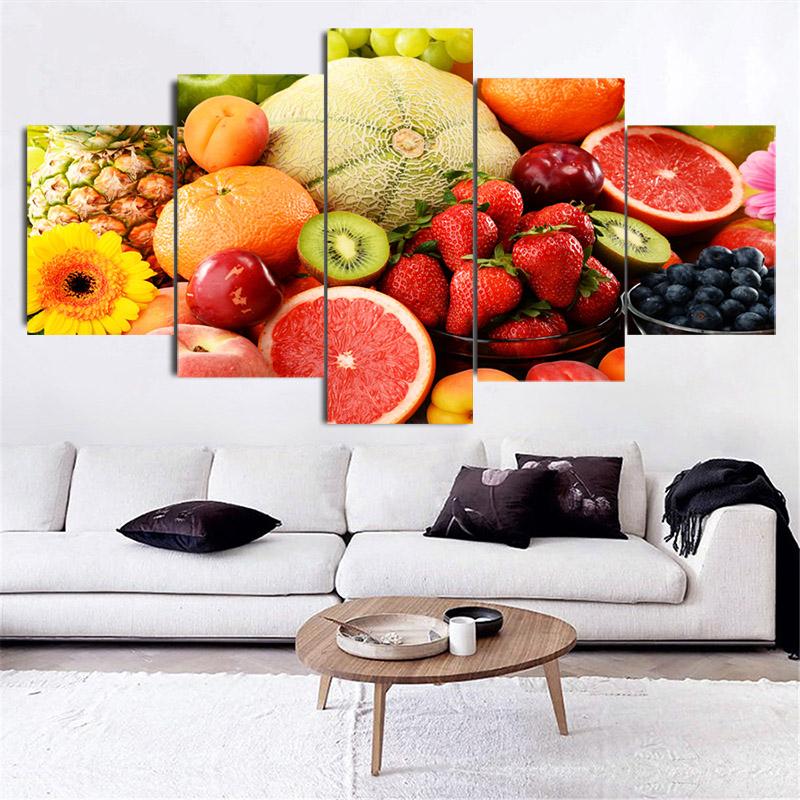 Póster e impresión de 5 paneles de frutas tropicales nutritivas y equilibradas, lienzo moderno, arte de pared, decoración del hogar para sala de estar, sin marco