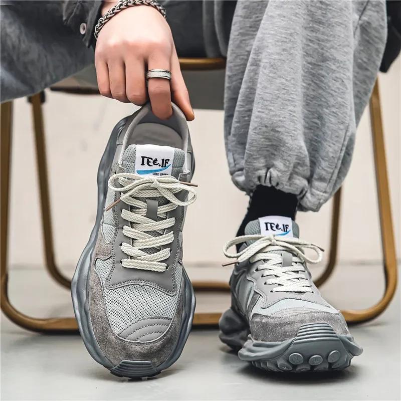 

Мужские сетчатые кроссовки на платформе, дышащая мужская обувь, мужские кроссовки на шнуровке, удобные мужские кроссовки из вулканизированной ткани Zapatillas 39 серый