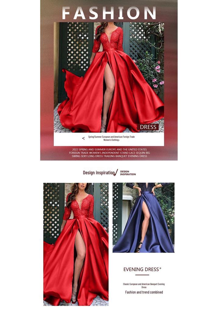 2026 Spring/Summer Elegant European-American Lace & Sequin Evening Gown with Train