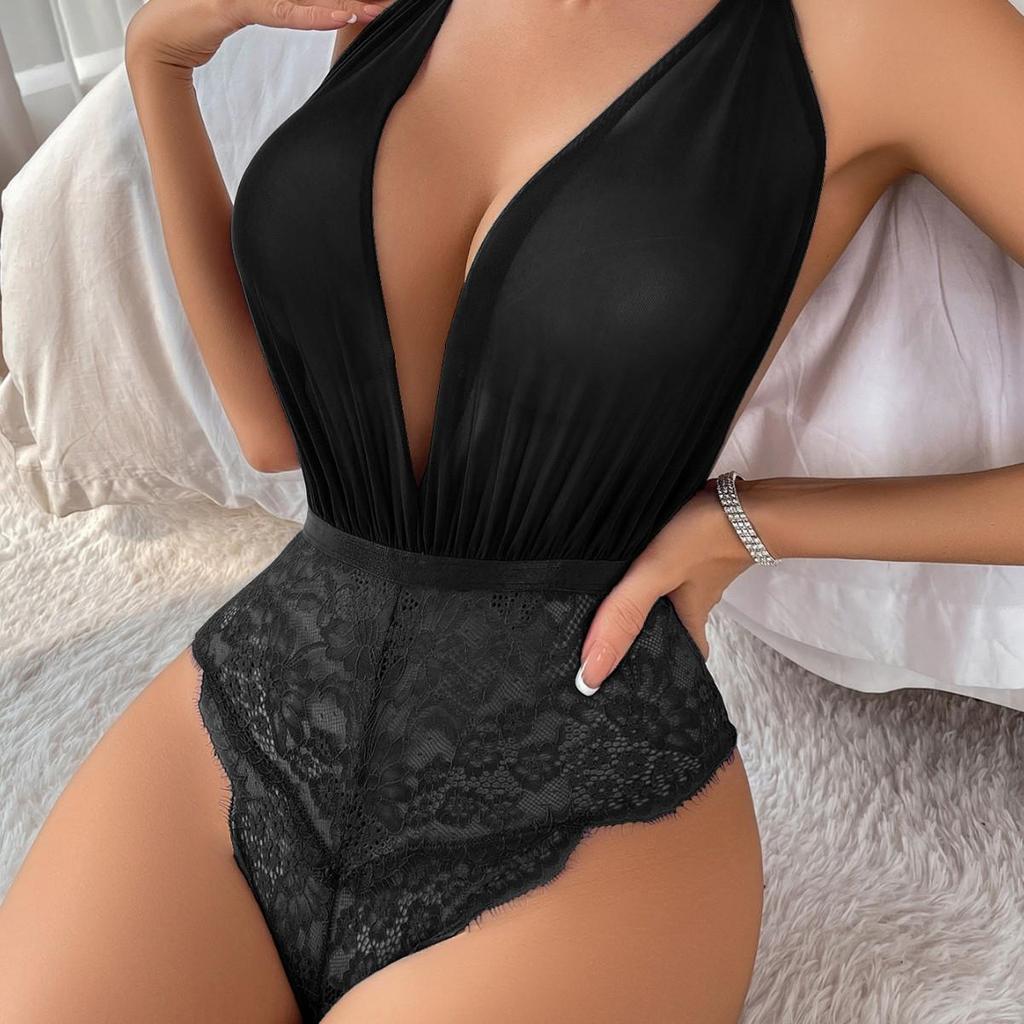Spitzen-Patchwork-Netz-Bodysuit für Damen, Sexy