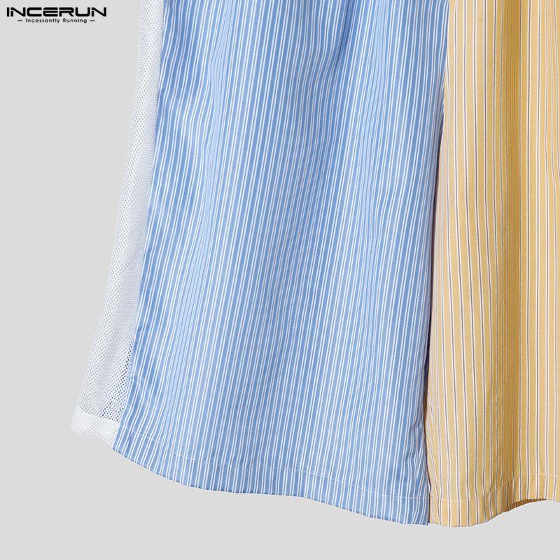 INCERUN Two Pieces Summer Men O Neck Striped Hollow Patchwork Short Sleeve Tops and Shorts Sets