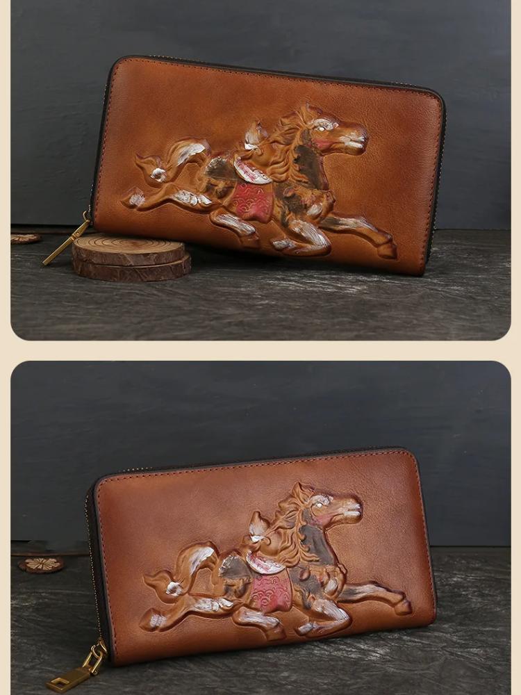 Johnature Genuine Leather Long Wallet Vintage Large Capacity Multi Card Animal Pattern Hand Purse
