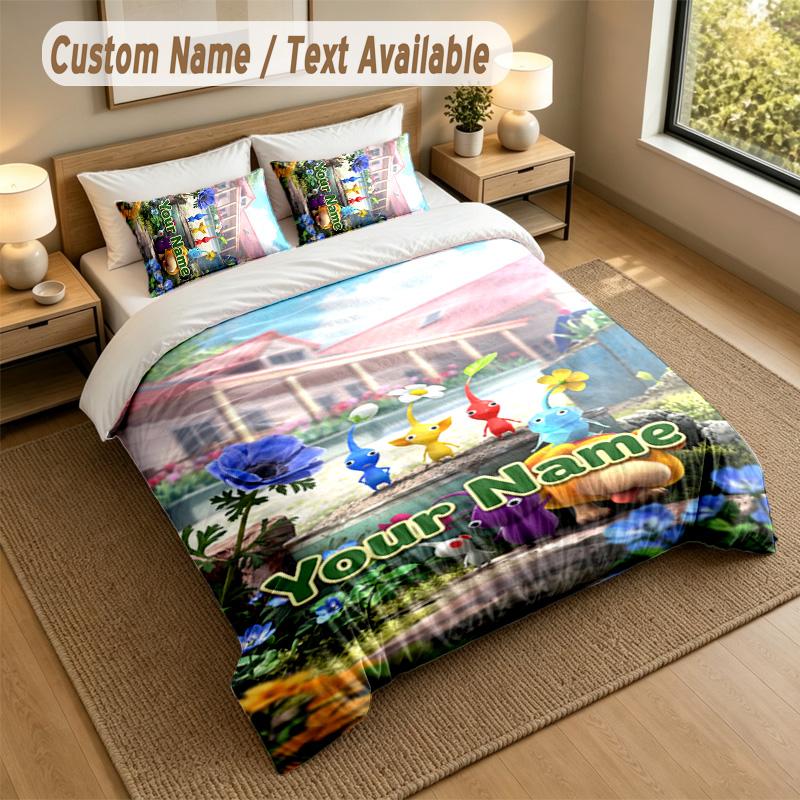 3Pcs Bedding Set Custom Name Text, 1 Sheet 2 Pillowcases Home Bed DecorPikmin