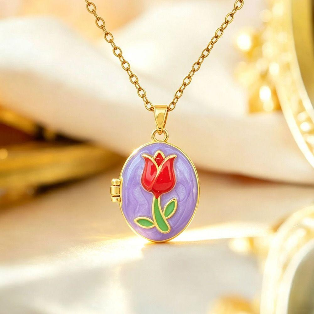 Titanium Steel Enamel  Necklace Openable Glazed Flower Choker Photo Locket Pendant Necklace  Girl