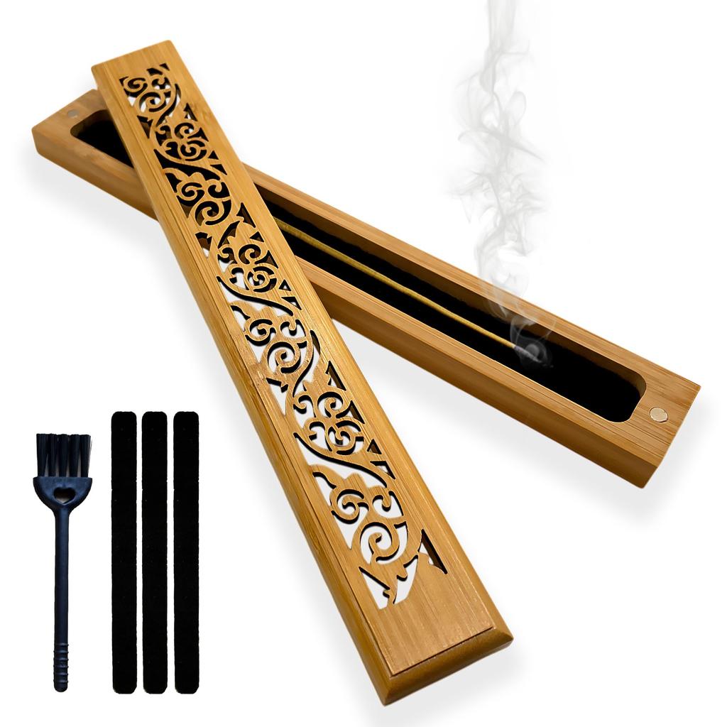 Suport bețișoare parfumate ZARRR, Orizontal, Elegant, Suport bețișoare parfumate pentru yoga, Bambus natural, Capac magnetic și kit de curățare incluse, Supravegheat de un internațional