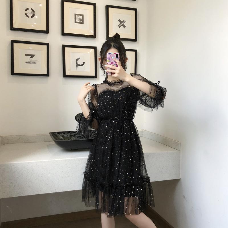 2026 Spring/Summer Star Sequin Fairy Dress with Mesh Bell Sleeves and High Waist Lace-up Design