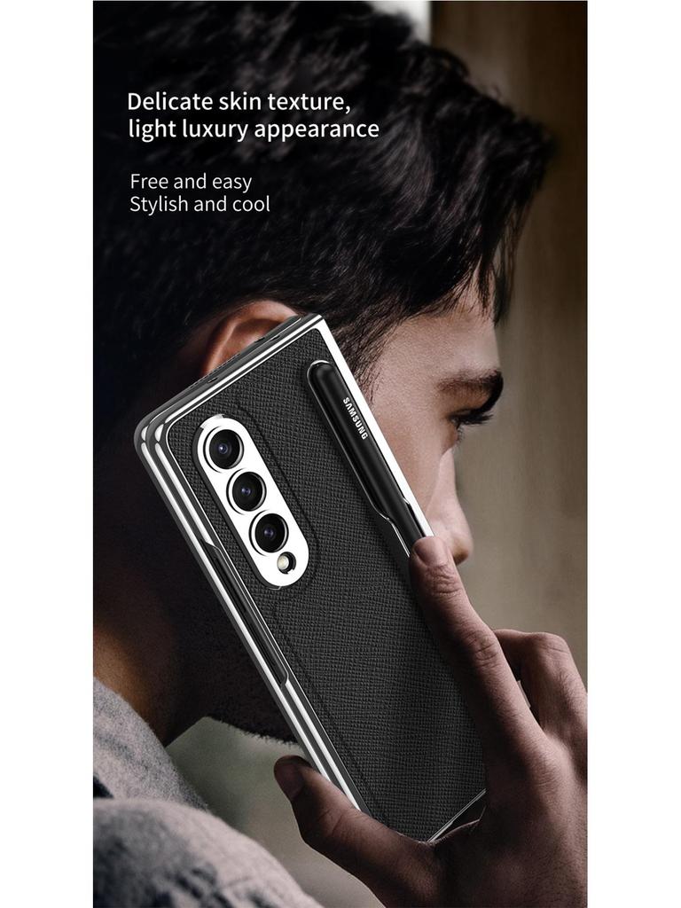 Samsung Z Fold 4 Pen Slot Leather Phone Case with Electroplated Finish and Camera Protection