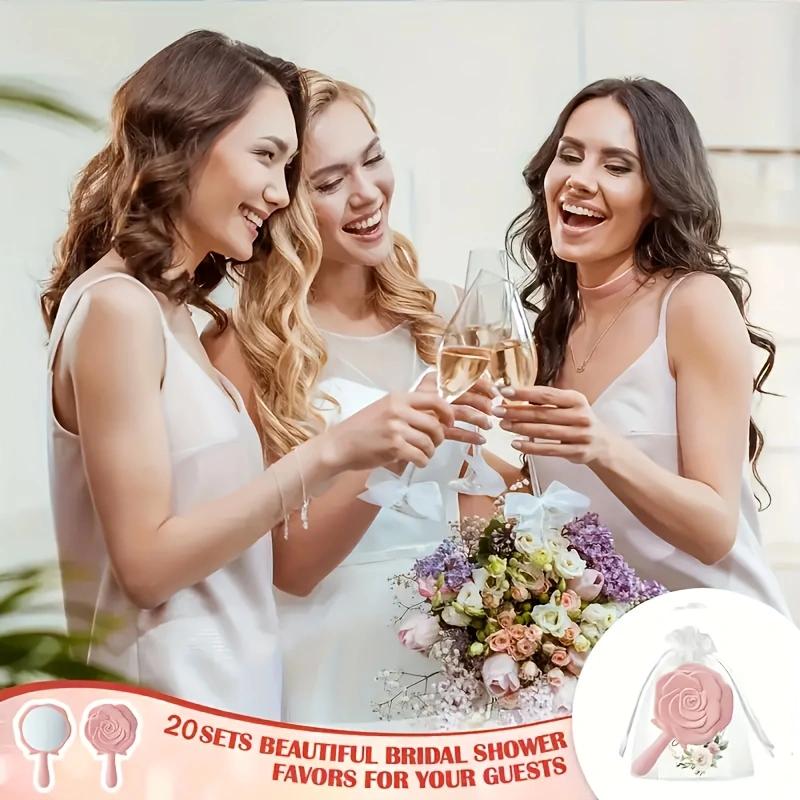 The 20pcs princess-themed wedding gift set includes 5 rose makeup mirrors, 5 gauze bags, 5 thank-you cards and 5 hair bands