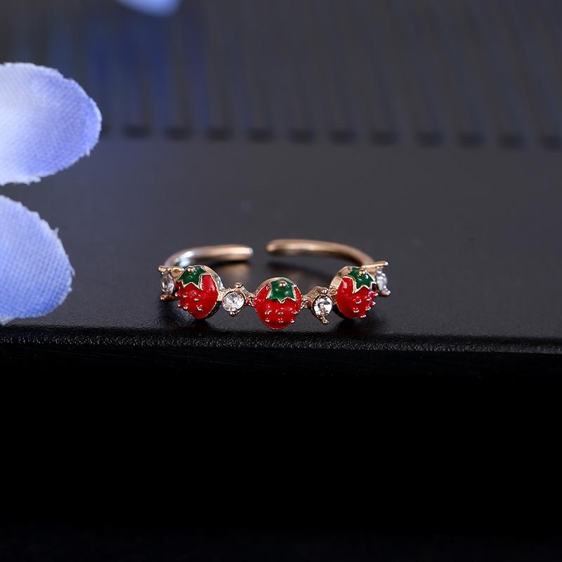 2026 Trendy Cute Sweet Red Strawberry Crystal Rings For Women Girls Korean Small Fresh Fruits Open Finger Ring Wedding Jewelry