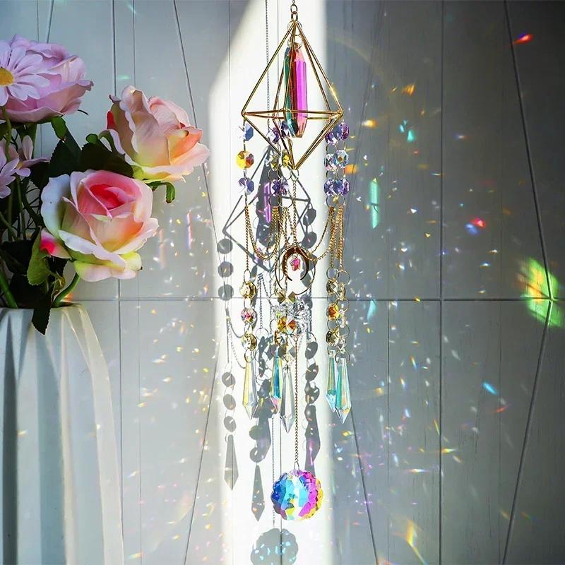 1pcs Electroplated Colored Crystal Glass Wind Chimes Outdoor Refracted Light  Shadow Crystal Pendant Metal Crystal Wind Chimes