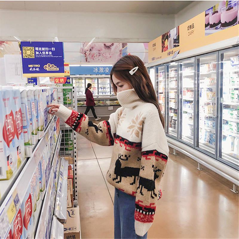 WTEMPO Turtleneck Christmas Elk Pullover Sweater Women Loose Autumn Winter Thickened Warm Fashion