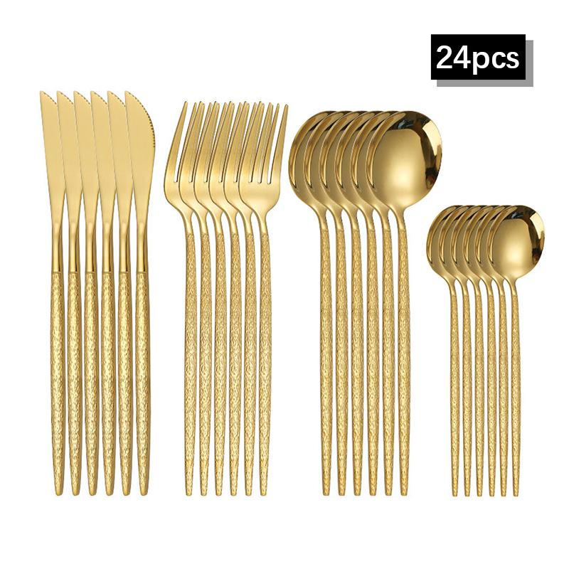 30pcs Gold hammered cutlery set, stainless steel steak cutlery, coffee spoon, teaspoon cutlery, dishwasher safe, beautiful
