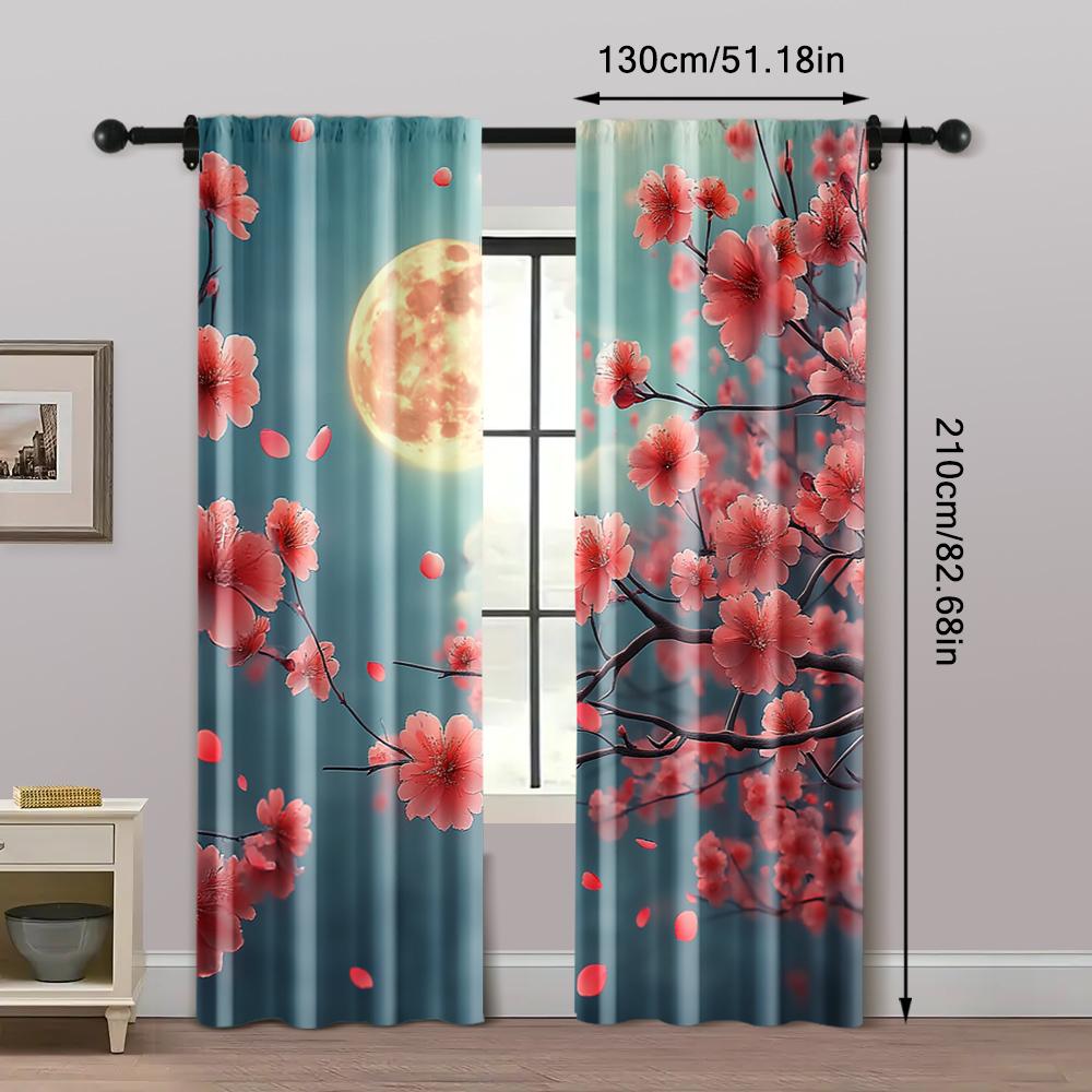2pc, Party Curtains Cherry tree blue sky sun petals Machine Washable Polyester,Without Electricity Party Decorations Use for