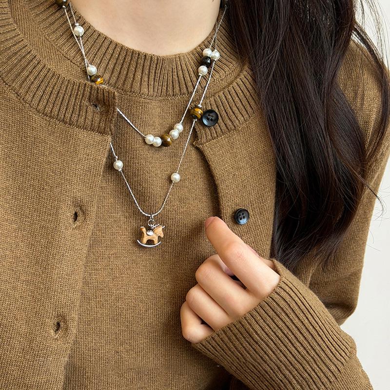 

Tiger Eye Stone & Pearl Pendant Necklace - Vintage Wood Design for Women