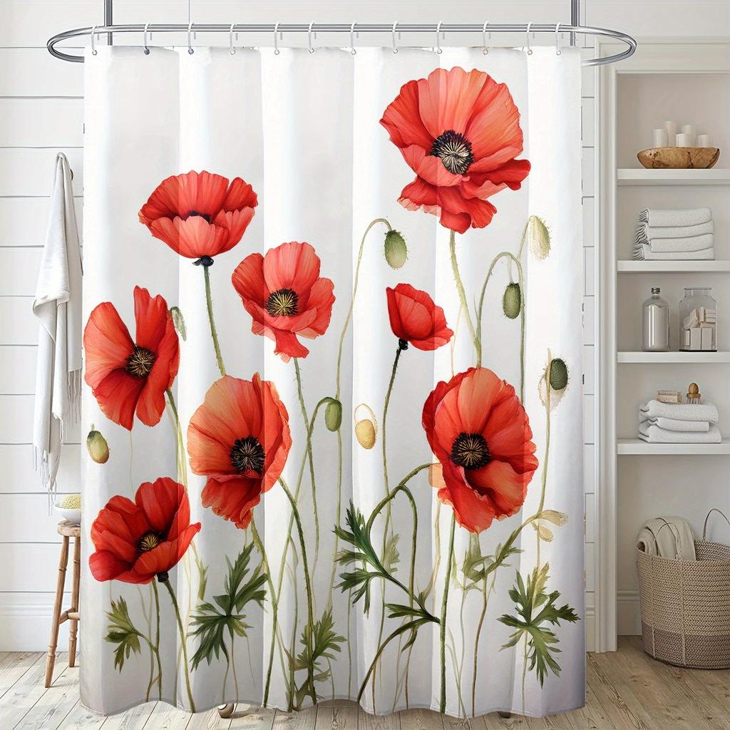 1pc Poppy Flower Sea Oil Painting Plant Print Shower Curtain Waterproof Polyester Fabric with Hooks Wall Bathtub Bathroom Decor