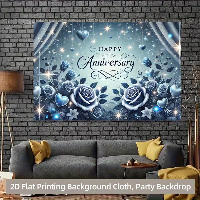 Romantic Anniversary Backdrop, Glamorous Blue Design with Roses, Hearts and Sparkles, Festive and Elegant Party Wall Decor