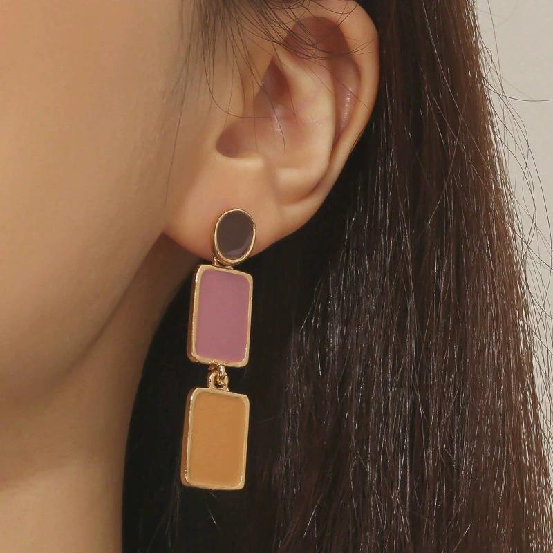 Favorite Toy Women's Geometry Round Square Drop Earrings For Colorful Enamel Oil Party Temperament Dangle Earrings Fashion Zircon Girls Gift