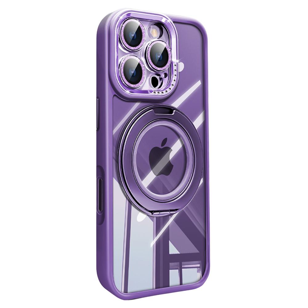 For iPhone 16 Pro Case Magnetic Rotating Kickstand PC+TPU Phone Cover with Glitter Camera Lens Film