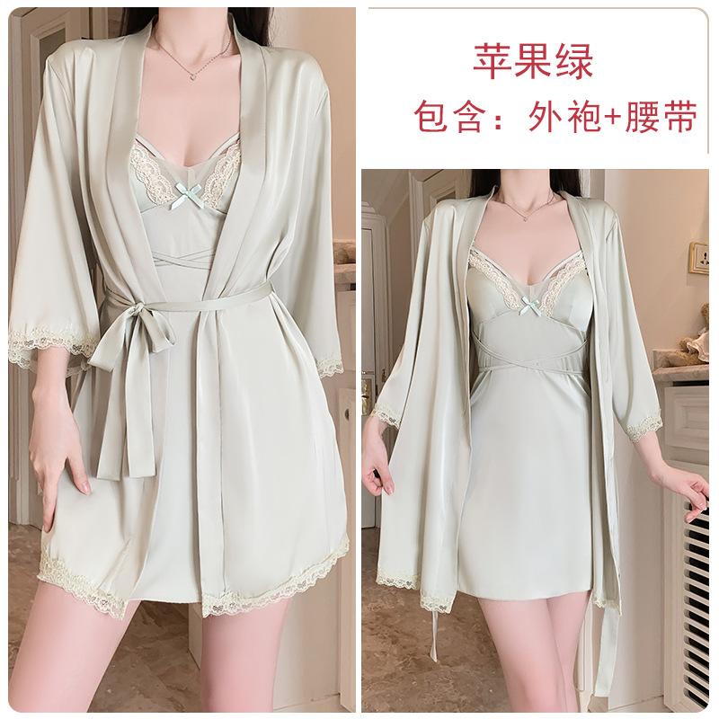 Women's Silky Comfy Padded Tie Sleep Dress with Robe Lounge Set