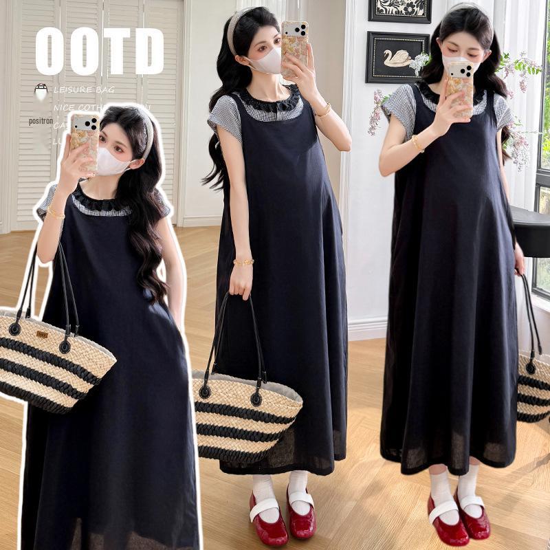 2026 Summer Maternity Two-Piece Set: Sweet Plaid Shirt + Loose Vest Dress XL