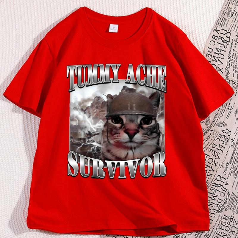 

Tummy Ache Survivor Cat Meme T Shirts Man Cotton Funny Saying Cats Animals Printed Tshirt Casual Round Neck Short Sleeved Tees S