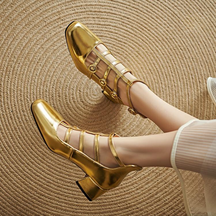Gold silver patent leather hollow Mary Jane thick heel sexy high-top single shoes stage performance fashion model catwalk shoes
