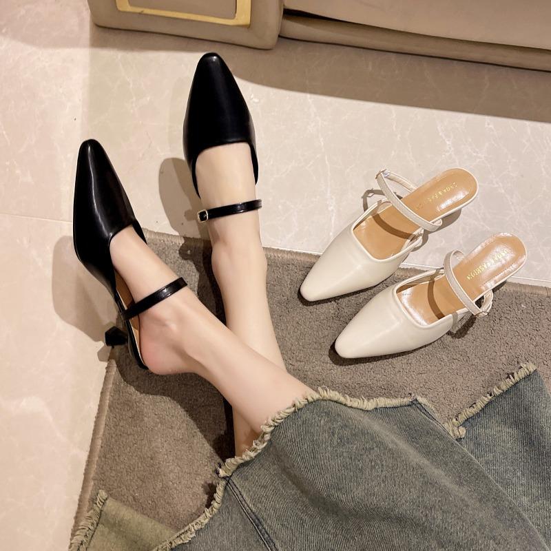 High heels women's summer new bag head one-word strap sandals pointed heels versatile outer slippers