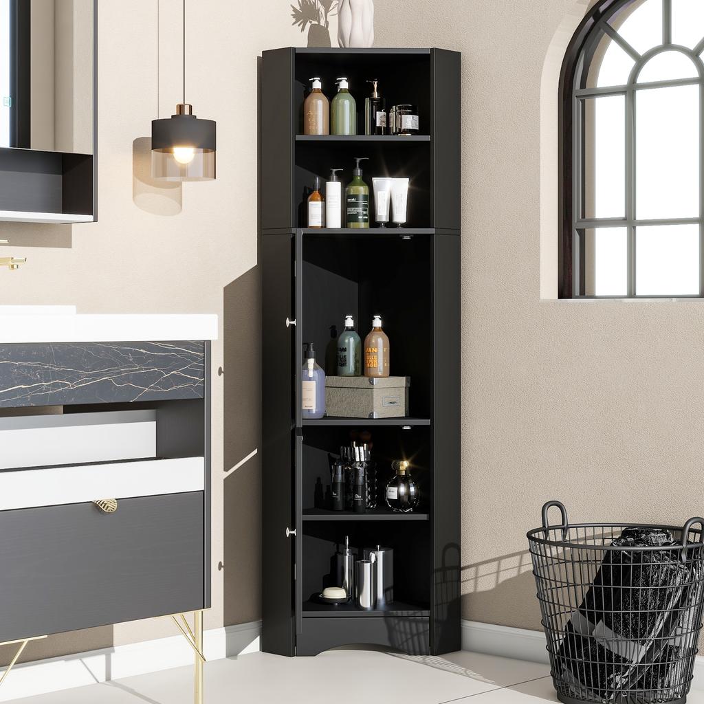 Bathroom Cabinet, Bathroom Furniture, Corner Cabinet with Two Storage Compartments, Open Compartment with Adjustable Shelf, 36.5x 36.5 x 155 cm, Black