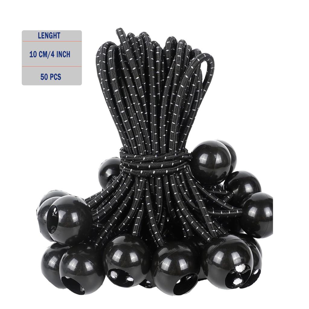 50 Stück Bungee-Kugeln, Schwarze Kordel für Plane, UV-beständig, mit elastischer Schnur für Plane, Gurte, Zelt, Stangen & Drähte