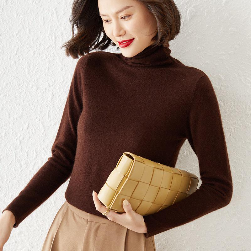 Women's High-Neck Solid Color Woolen Sweater - Slim Fit Knit Pullover for Autumn/Winter