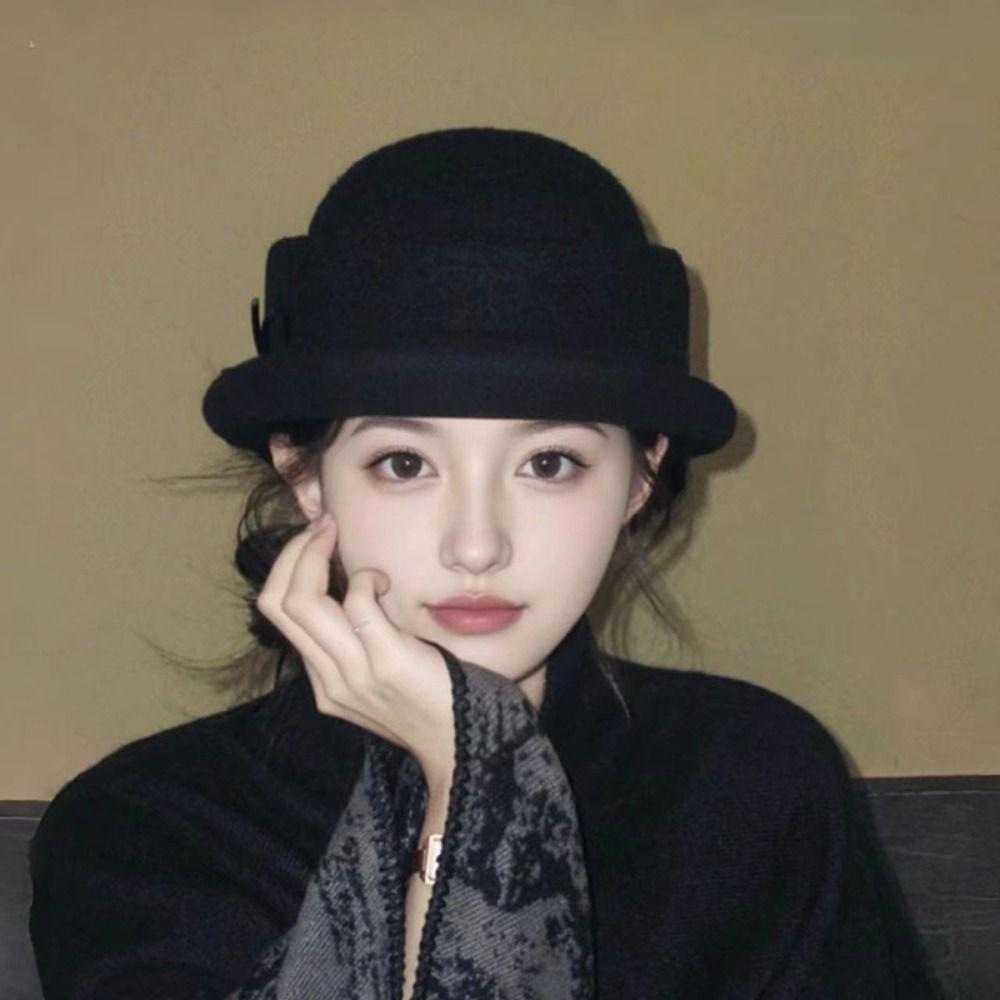 Camellia Flower Hepburn Style Topper Hat Pearl Wool Fisherman Hat Fashion Women Formal Hat Girl