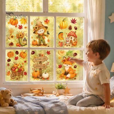 Harvest Festival Window Decor 6 Sheets Autumn Stickers, Thanksgiving Cartoon Static Cling Decorations with Fall Art Pumpkins Maple Leaves Scarecrows