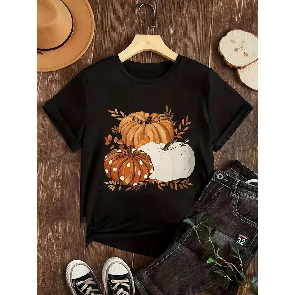 Women's casual round neck short sleeved pumpkin printed T-shirt for spring and summer Harajuku short sleeved casual aesthetic clothing