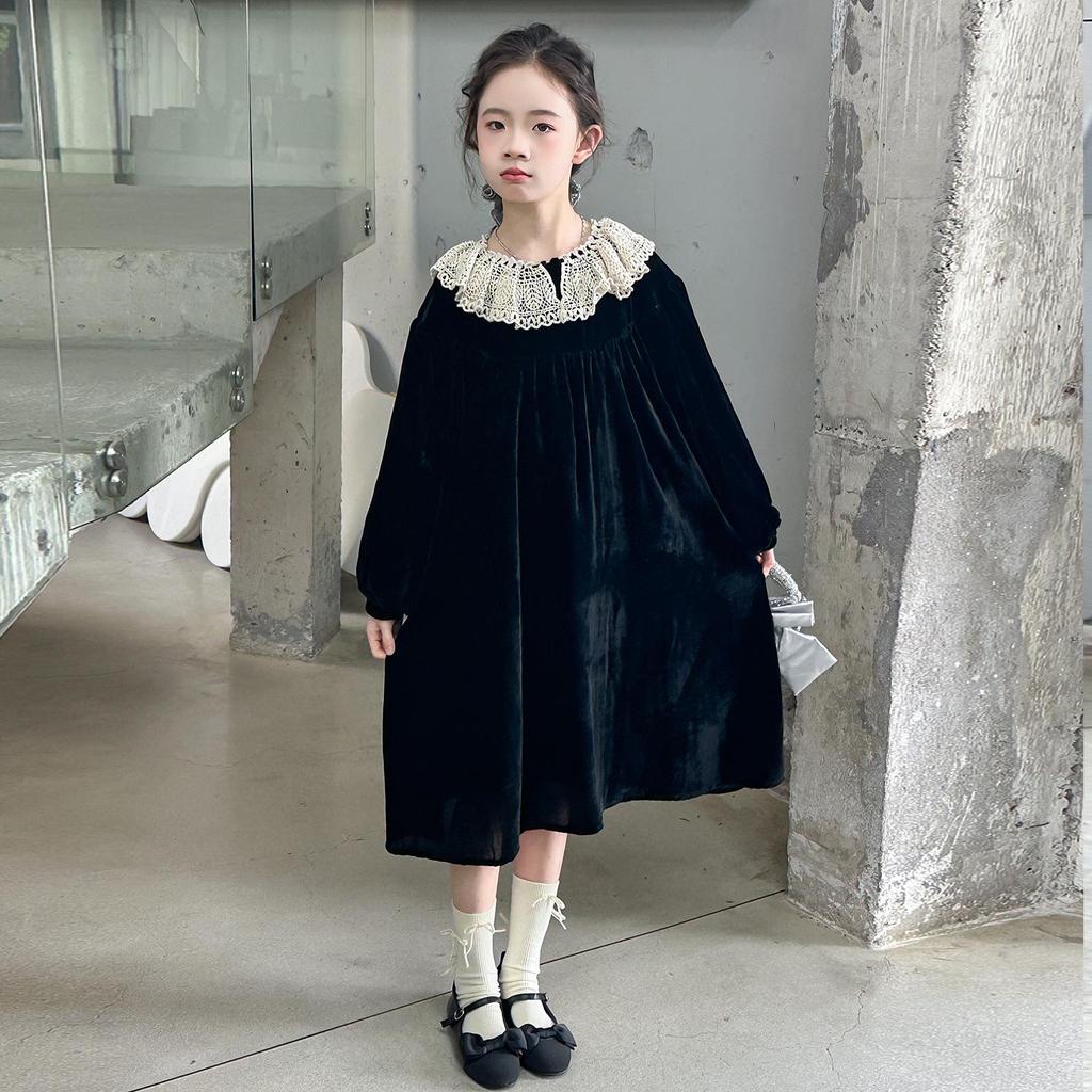 Rochie de Prințesă din Catifea 2025 pentru Fete: Stil de primăvară și toamnă cu guler cu bordură de dantelă