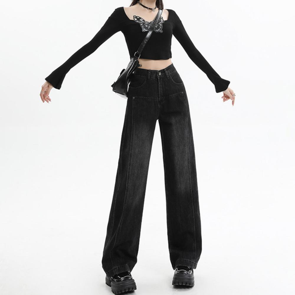 Vielseitige amerikanische Retro-Jeans Damen Herbst Neu Gerade Fallend Klein Dünn Weiter Bein Bodenlange Hose